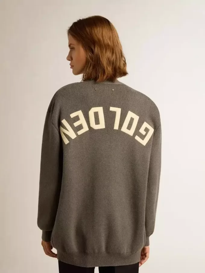 Cárdigan de algodón gris jaspeado para mujer con logotipo en la espalda Cárdigan de algodón gris jaspeado para mujer con logotipo en la espalda