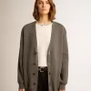 Cárdigan de algodón gris jaspeado para mujer con logotipo en la espalda Cárdigan de algodón gris jaspeado para mujer con logotipo en la espalda