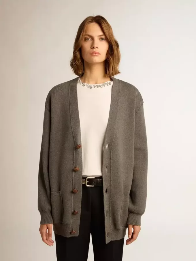 Cárdigan de algodón gris jaspeado para mujer con logotipo en la espalda Cárdigan de algodón gris jaspeado para mujer con logotipo en la espalda