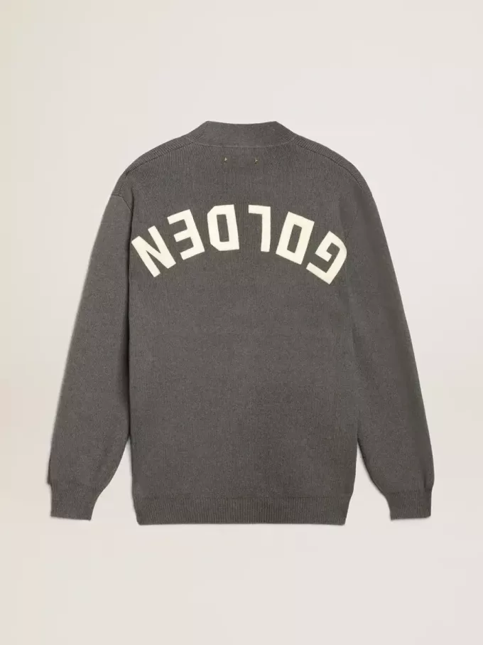 Cárdigan de algodón gris jaspeado para mujer con logotipo en la espalda Cárdigan de algodón gris jaspeado para mujer con logotipo en la espalda