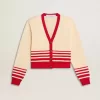Cárdigan de mujer en color crema con rayas rojas Cárdigan de mujer en color crema con rayas rojas