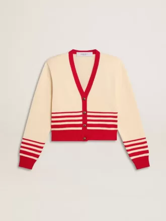Cárdigan de mujer en color crema con rayas rojas