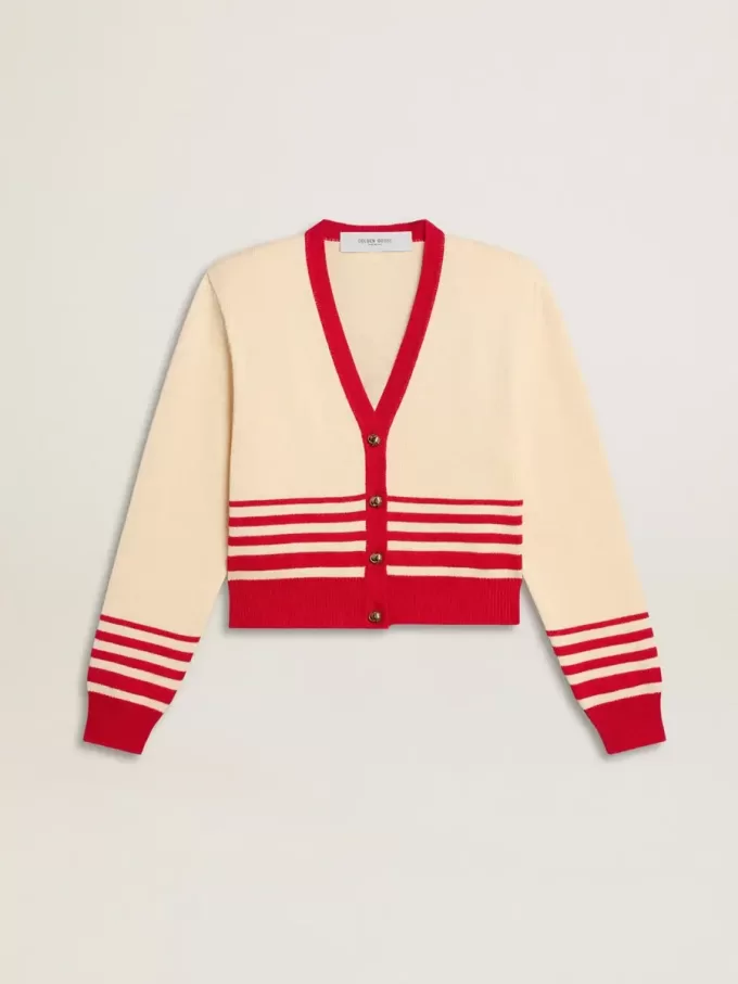 Cárdigan de mujer en color crema con rayas rojas Cárdigan de mujer en color crema con rayas rojas