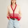 Cárdigan de mujer en color crema con rayas rojas Cárdigan de mujer en color crema con rayas rojas