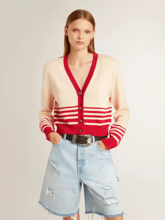 Cárdigan de mujer en color crema con rayas rojas Cárdigan de mujer en color crema con rayas rojas