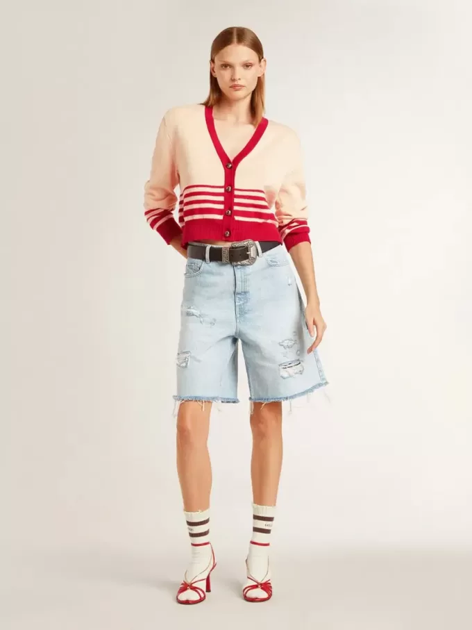 Cárdigan de mujer en color crema con rayas rojas Cárdigan de mujer en color crema con rayas rojas