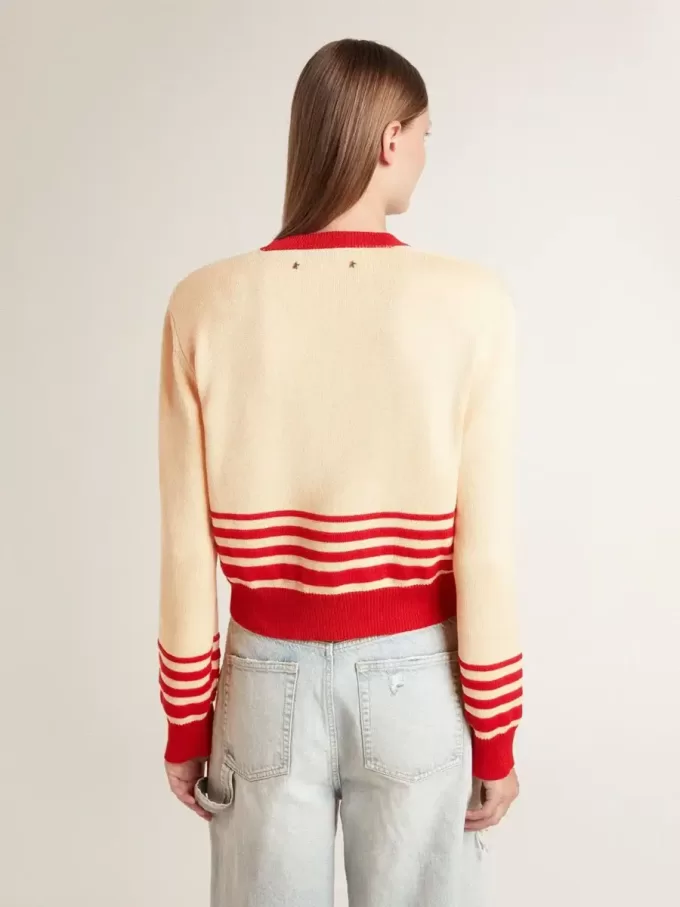 Cárdigan de mujer en color crema con rayas rojas Cárdigan de mujer en color crema con rayas rojas