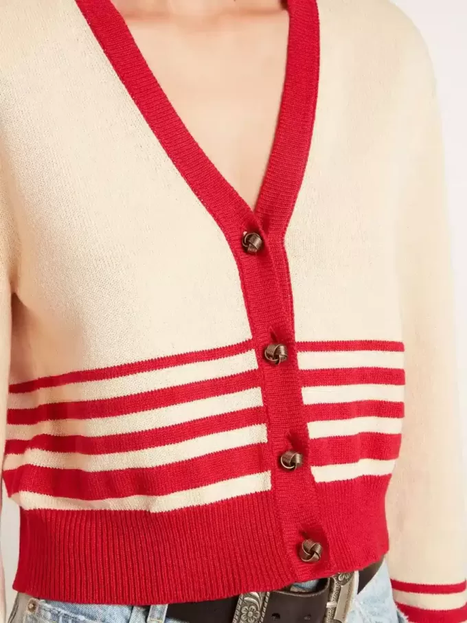 Cárdigan de mujer en color crema con rayas rojas Cárdigan de mujer en color crema con rayas rojas