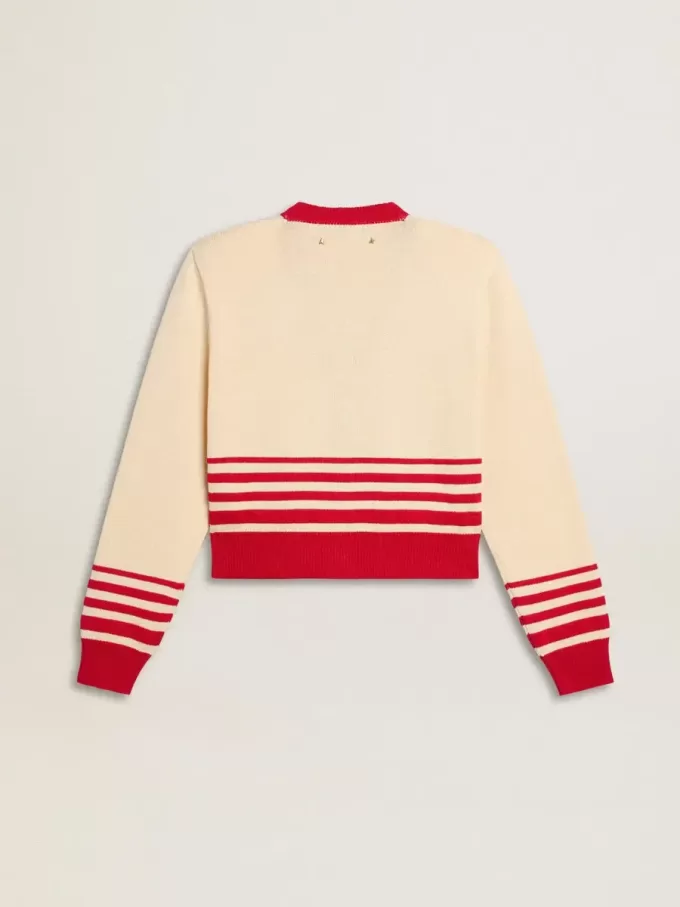 Cárdigan de mujer en color crema con rayas rojas Cárdigan de mujer en color crema con rayas rojas
