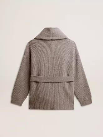 Cárdigan de mujer en lana gris jaspeada con bordado en la parte delantera