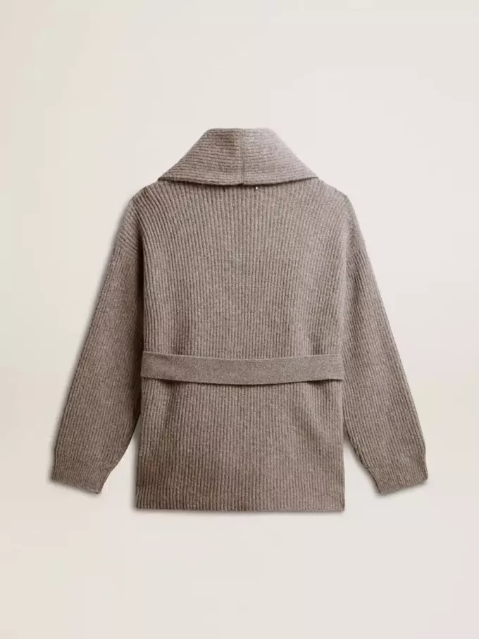 Cárdigan de mujer en lana gris jaspeada con bordado en la parte delantera Cárdigan de mujer en lana gris jaspeada con bordado en la parte delantera