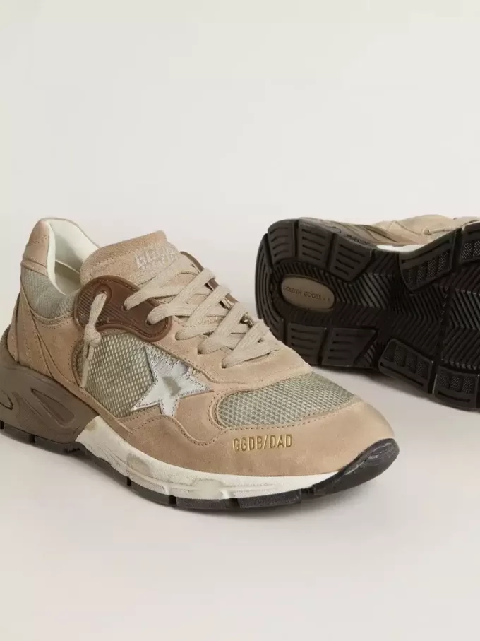 Dad-Star para mujer en malla beige y ante con estrella de cuero plateado