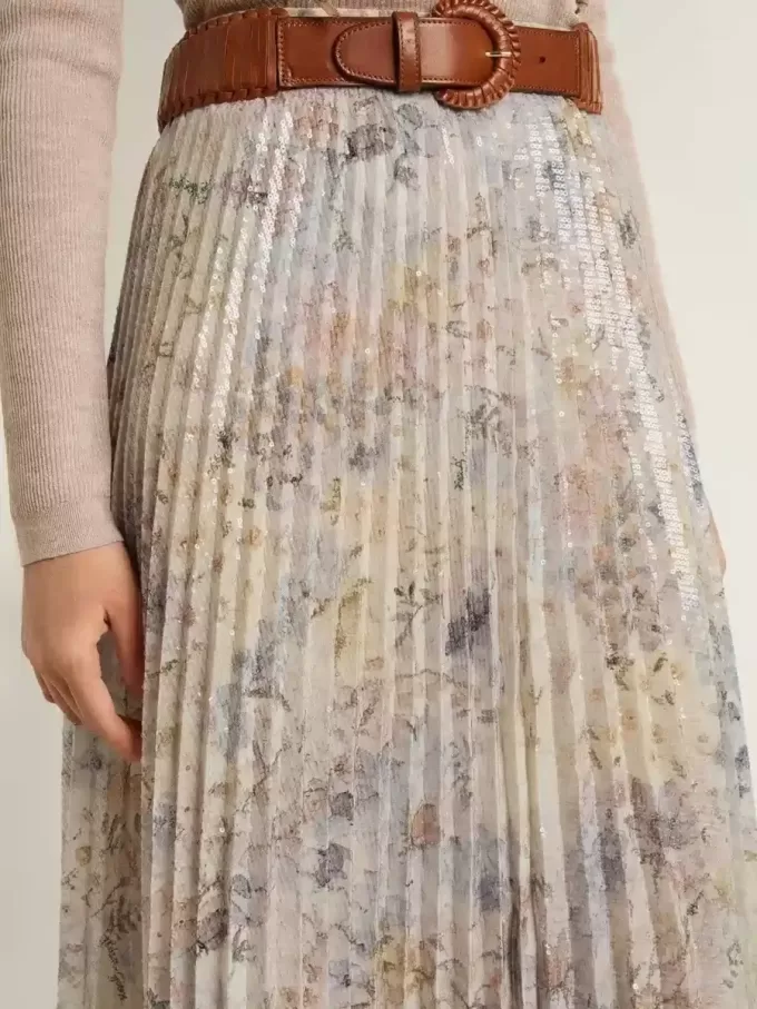 Falda larga plisada de mujer con estampado floral multicolor de lentejuelas Falda larga plisada de mujer con estampado floral multicolor de lentejuelas