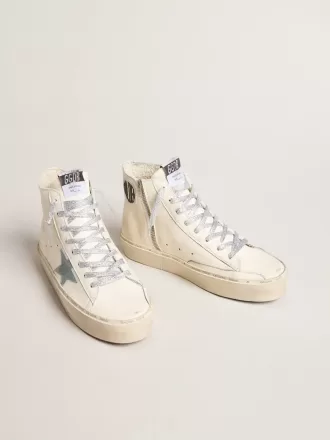 Francy Penstar en piel napa blanca con estrella de ante azul claro