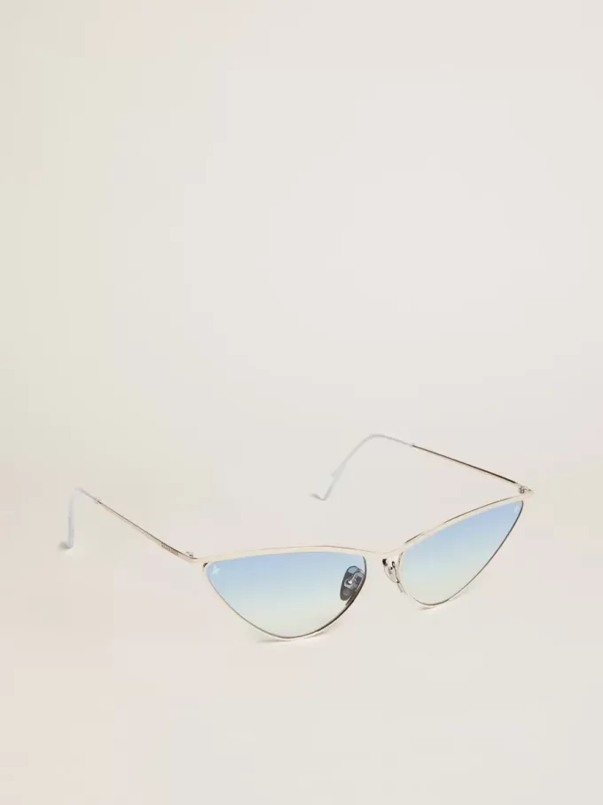 Gafas de sol estilo ojo de gato con montura plateada y lentes azules Gafas de sol estilo ojo de gato con montura plateada y lentes azules