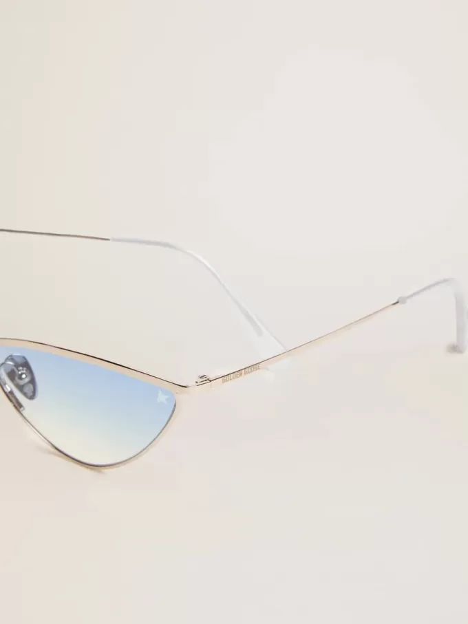 Gafas de sol estilo ojo de gato con montura plateada y lentes azules Gafas de sol estilo ojo de gato con montura plateada y lentes azules