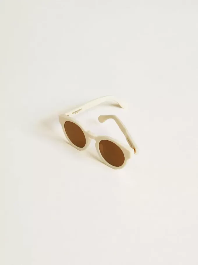 Gafas de sol Panthos de estilo cuadrado con montura beige y detalles dorados