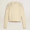 Jersey corto blanco desgastado para mujer con cristales decorativos Jersey corto blanco desgastado para mujer con cristales decorativos