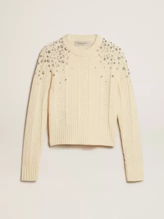 Jersey corto blanco desgastado para mujer con cristales decorativos