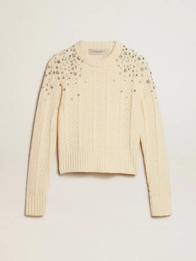 Jersey corto blanco desgastado para mujer con cristales decorativos Jersey corto blanco desgastado para mujer con cristales decorativos