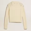 Jersey corto blanco desgastado para mujer con cristales decorativos Jersey corto blanco desgastado para mujer con cristales decorativos