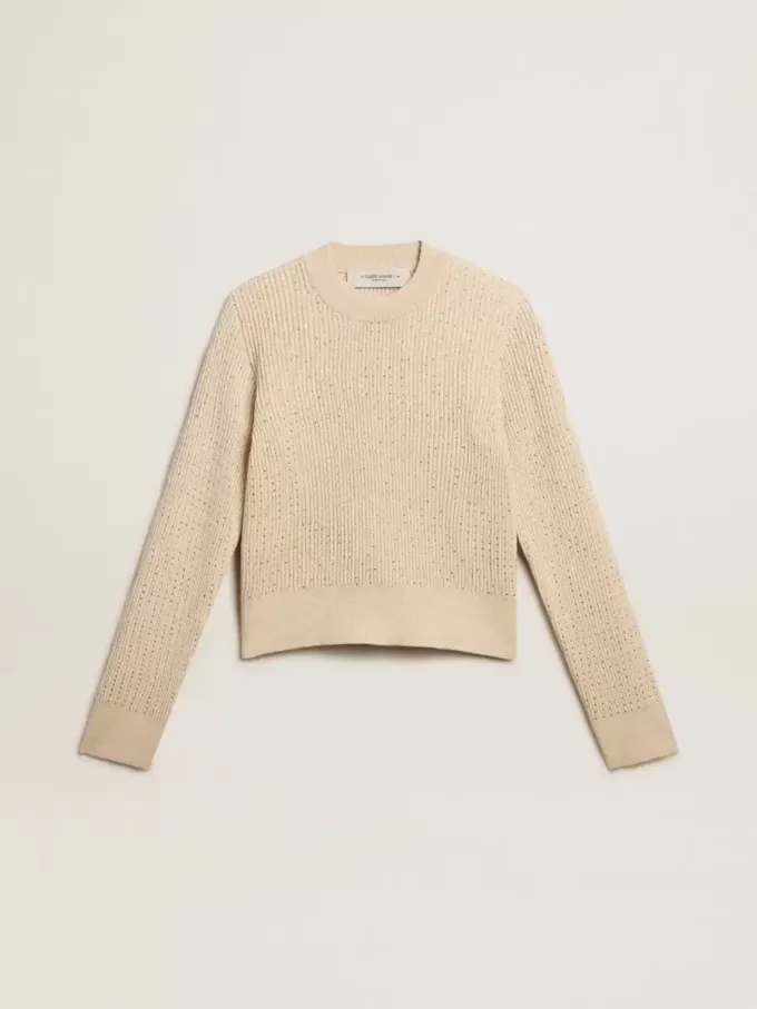 Jersey corto de cuello redondo en lana beige con cristales por toda la superficie Jersey corto de cuello redondo en lana beige con cristales por toda la superficie
