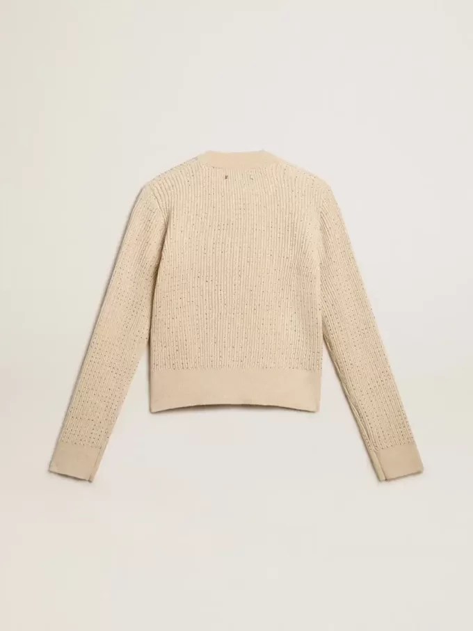 Jersey corto de cuello redondo en lana beige con cristales por toda la superficie Jersey corto de cuello redondo en lana beige con cristales por toda la superficie