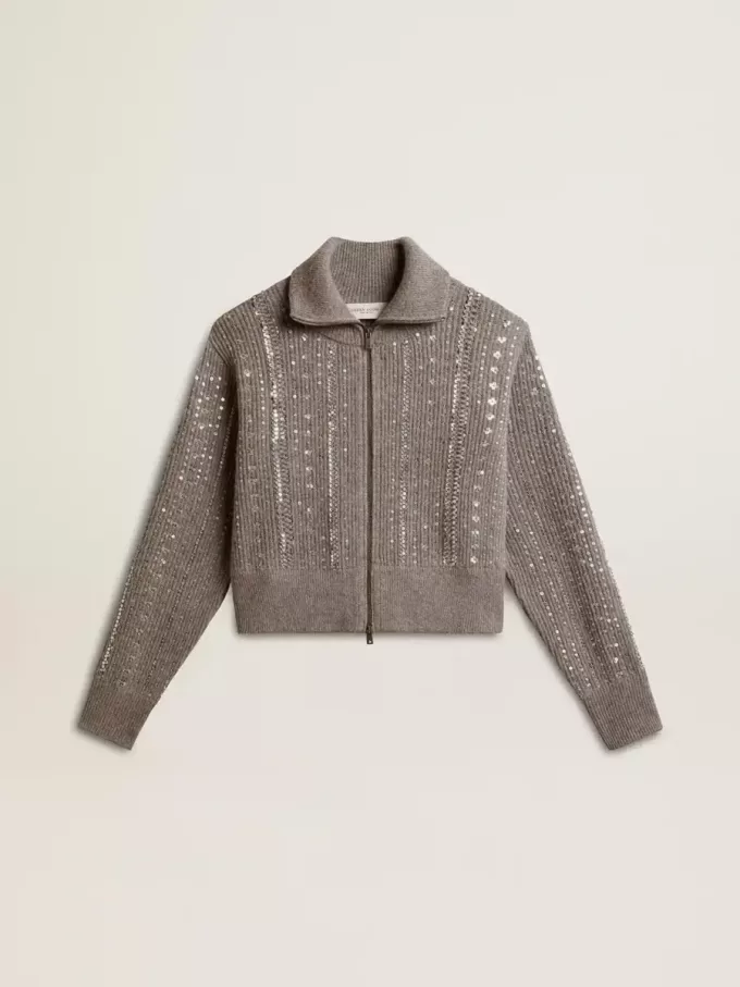 Jersey corto de mujer en lana gris jaspeada con lentejuelas Jersey corto de mujer en lana gris jaspeada con lentejuelas