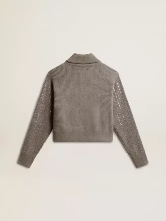 Jersey corto de mujer en lana gris jaspeada con lentejuelas