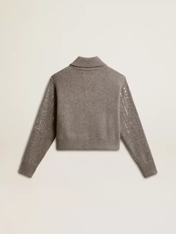 Jersey corto de mujer en lana gris jaspeada con lentejuelas Jersey corto de mujer en lana gris jaspeada con lentejuelas