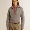 Jersey corto de mujer en lana gris jaspeada con lentejuelas Jersey corto de mujer en lana gris jaspeada con lentejuelas
