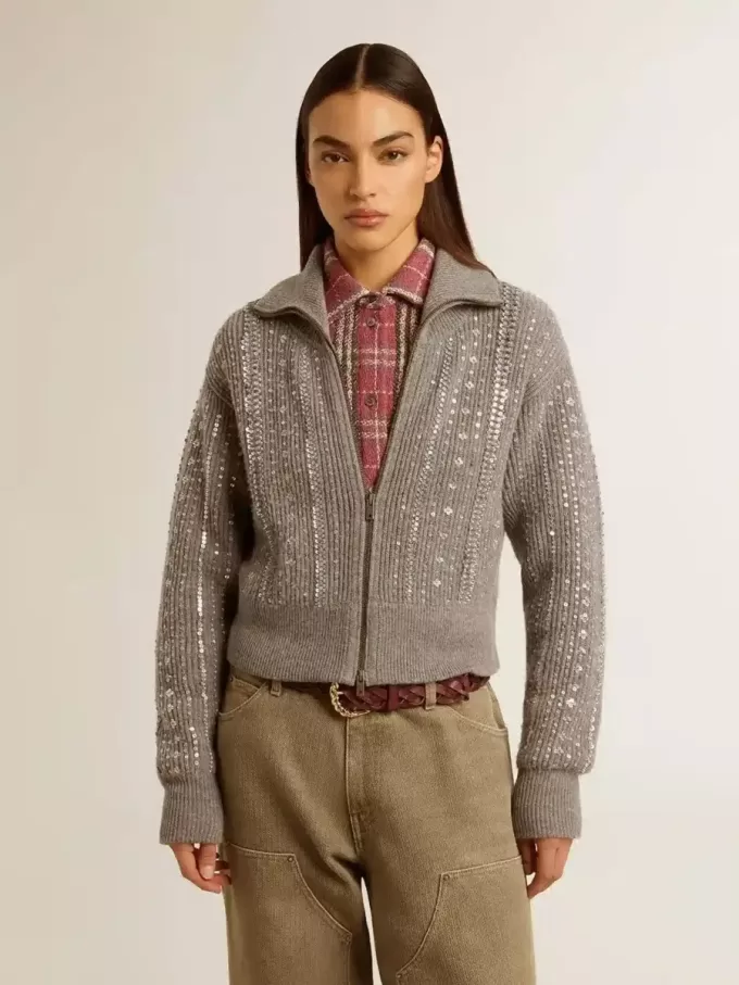 Jersey corto de mujer en lana gris jaspeada con lentejuelas Jersey corto de mujer en lana gris jaspeada con lentejuelas