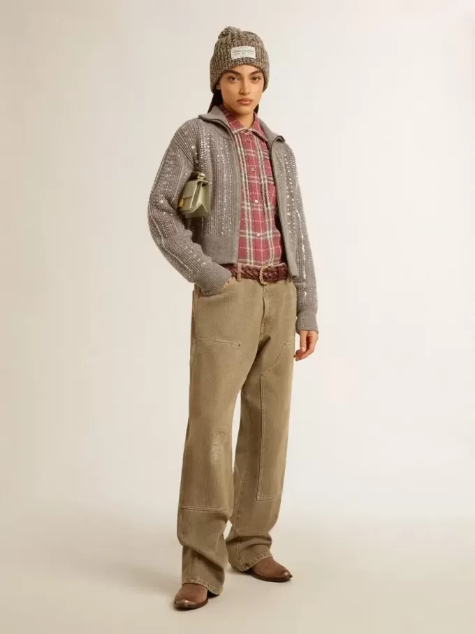 Jersey corto de mujer en lana gris jaspeada con lentejuelas Jersey corto de mujer en lana gris jaspeada con lentejuelas