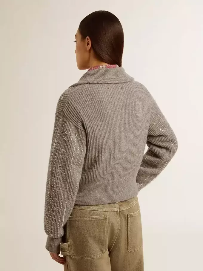 Jersey corto de mujer en lana gris jaspeada con lentejuelas Jersey corto de mujer en lana gris jaspeada con lentejuelas