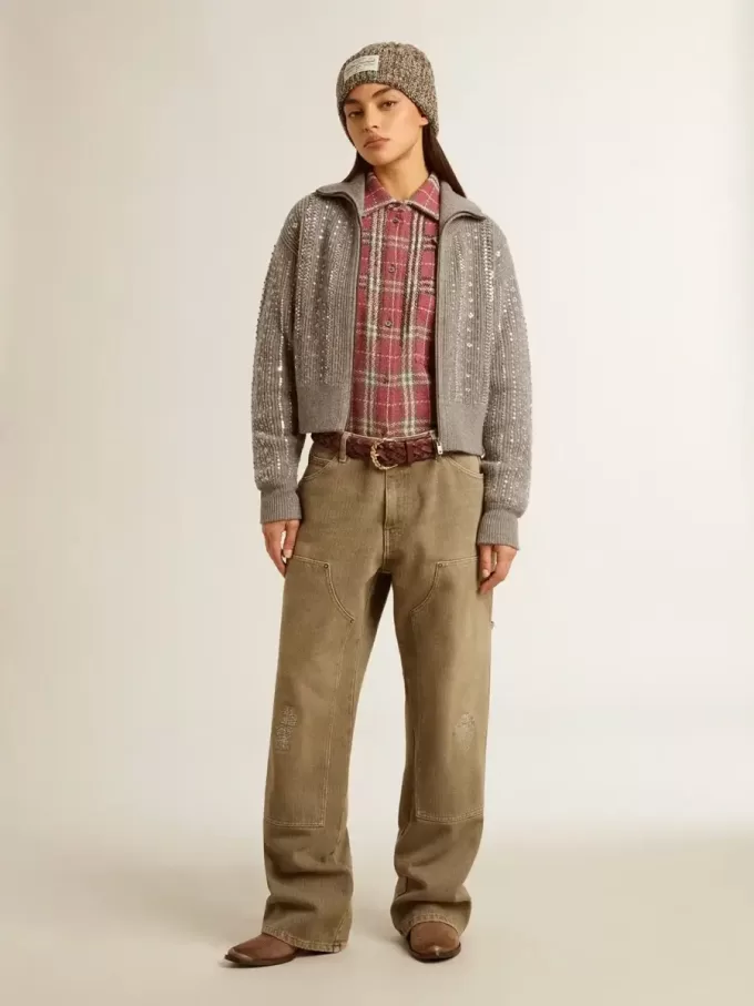 Jersey corto de mujer en lana gris jaspeada con lentejuelas Jersey corto de mujer en lana gris jaspeada con lentejuelas