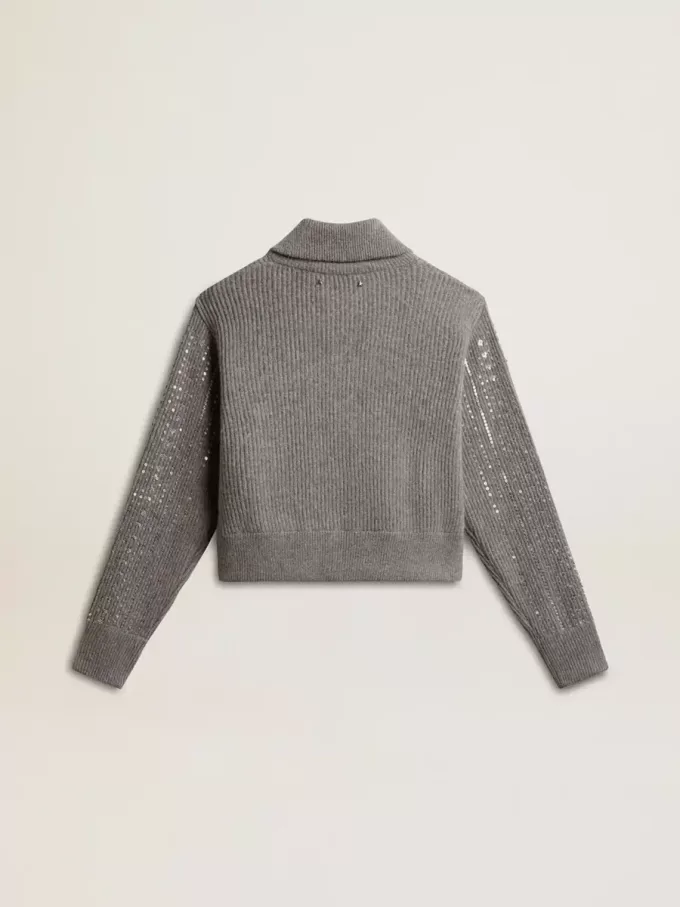 Jersey corto de mujer en lana gris jaspeada con lentejuelas Jersey corto de mujer en lana gris jaspeada con lentejuelas