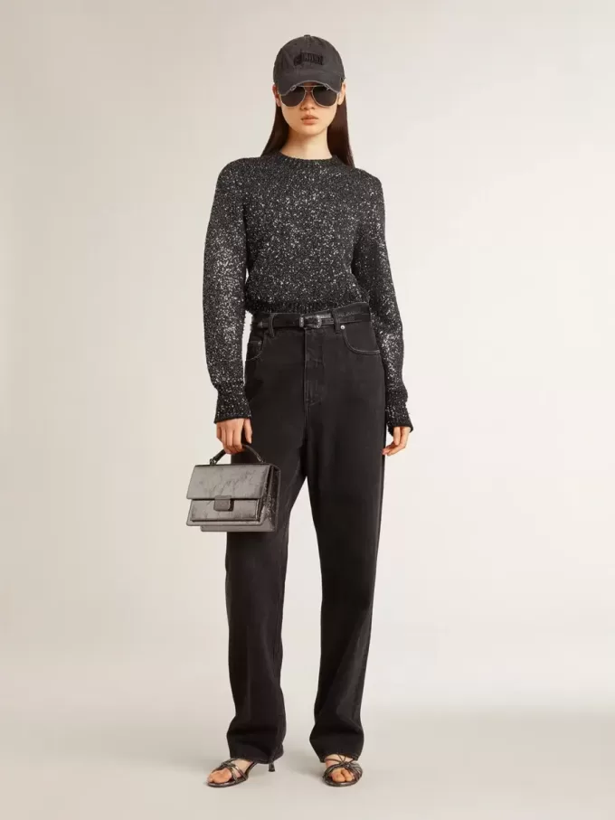 Jersey corto de mujer en mezcla de lana negra con lentejuelas por toda la prenda Jersey corto de mujer en mezcla de lana negra con lentejuelas por toda la prenda