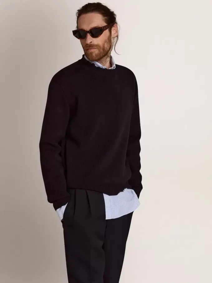 Jersey de cuello redondo para hombre en algodón azul oscuro Jersey de cuello redondo para hombre en algodón azul oscuro