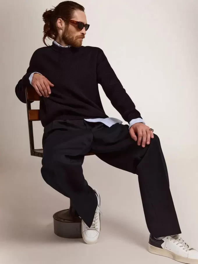 Jersey de cuello redondo para hombre en algodón azul oscuro con logotipo Jersey de cuello redondo para hombre en algodón azul oscuro con logotipo