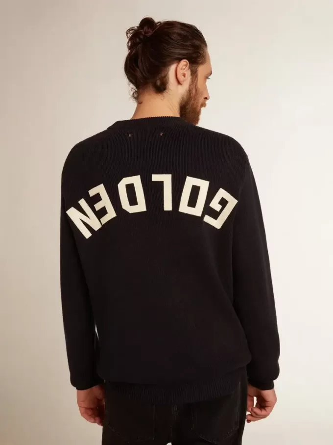 Jersey de cuello redondo para hombre en algodón azul oscuro con logotipo Jersey de cuello redondo para hombre en algodón azul oscuro con logotipo