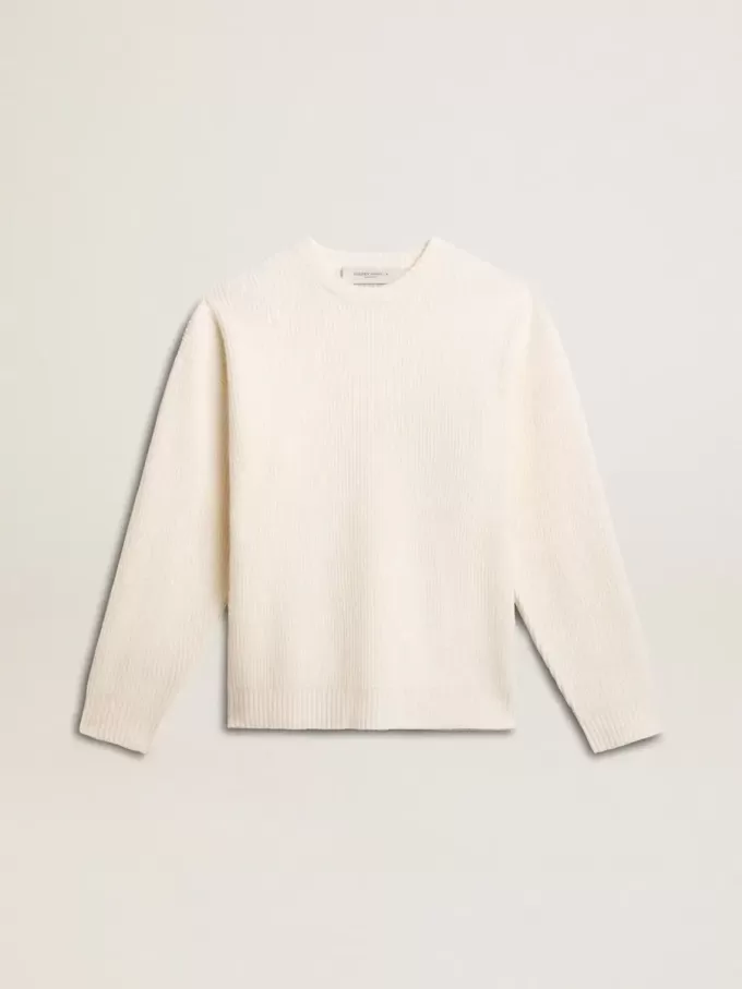 Jersey de cuello redondo para hombre en lana acanalada de color blanco desgastado Jersey de cuello redondo para hombre en lana acanalada de color blanco desgastado