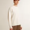 Jersey de cuello redondo para hombre en lana acanalada de color blanco desgastado Jersey de cuello redondo para hombre en lana acanalada de color blanco desgastado