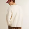 Jersey de cuello redondo para hombre en lana acanalada de color blanco desgastado Jersey de cuello redondo para hombre en lana acanalada de color blanco desgastado