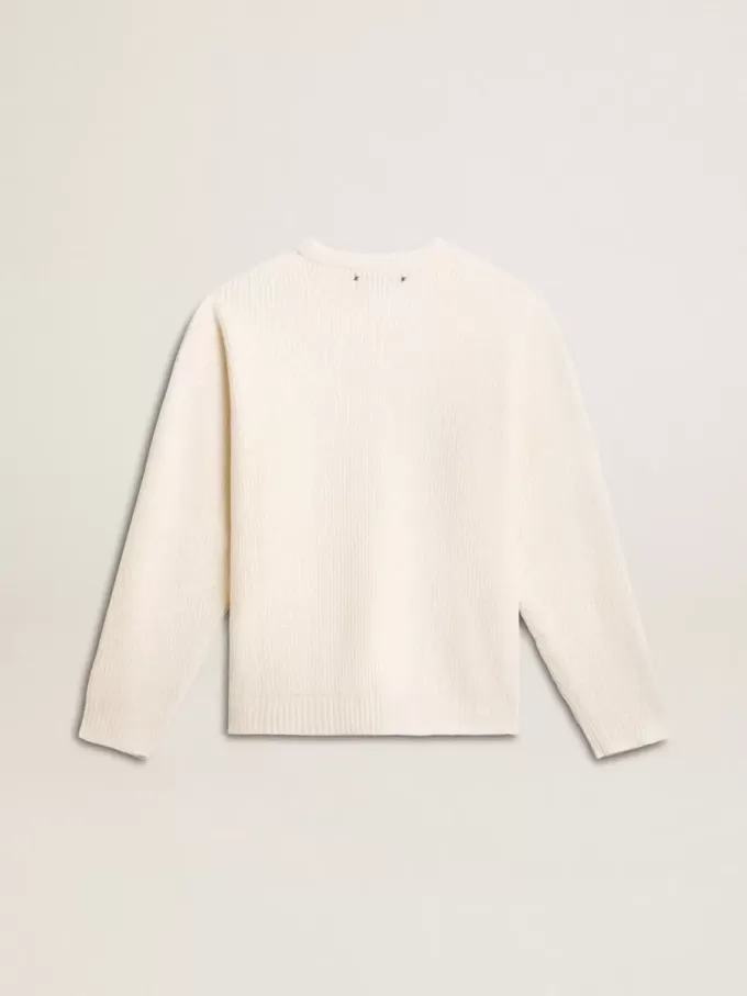 Jersey de cuello redondo para hombre en lana acanalada de color blanco desgastado Jersey de cuello redondo para hombre en lana acanalada de color blanco desgastado