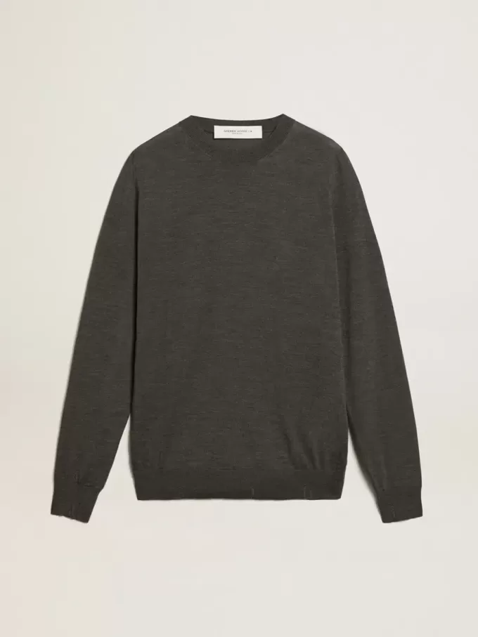 Jersey de cuello redondo para hombre en lana gris oscuro jaspeado Jersey de cuello redondo para hombre en lana gris oscuro jaspeado