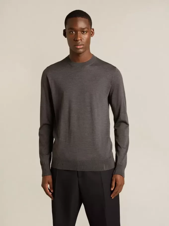 Jersey de cuello redondo para hombre en lana gris oscuro jaspeado Jersey de cuello redondo para hombre en lana gris oscuro jaspeado