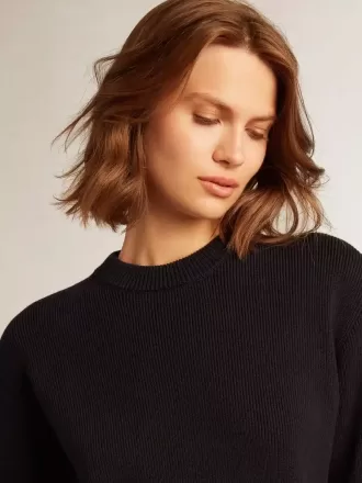Jersey de cuello redondo para mujer en algodón azul oscuro con logotipo en la espalda