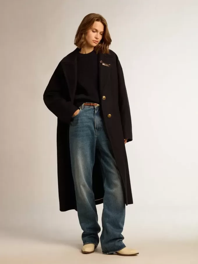 Jersey de cuello redondo para mujer en algodón azul oscuro con logotipo en la espalda Jersey de cuello redondo para mujer en algodón azul oscuro con logotipo en la espalda