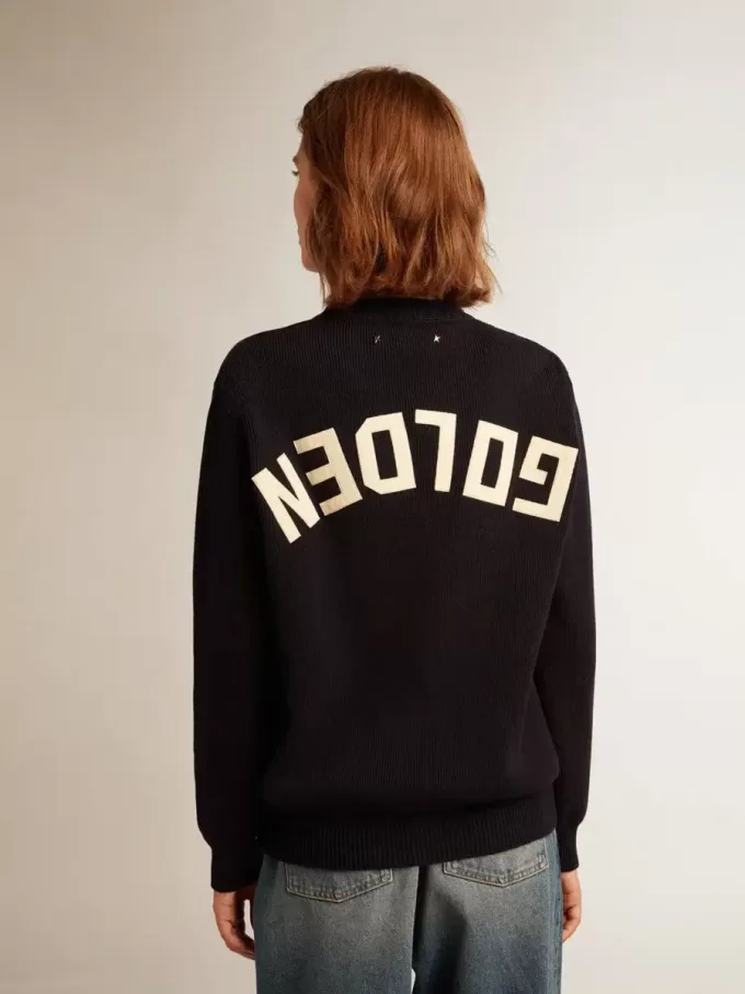 Jersey de cuello redondo para mujer en algodón azul oscuro con logotipo en la espalda Jersey de cuello redondo para mujer en algodón azul oscuro con logotipo en la espalda