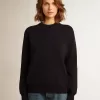 Jersey de cuello redondo para mujer en algodón azul oscuro con logotipo en la espalda Jersey de cuello redondo para mujer en algodón azul oscuro con logotipo en la espalda